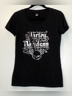 Harley-Davidson Black Tee with Silver Skull and Logo
